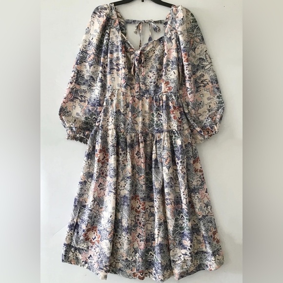 MOON RIVER Tiered Midi Dress Puff Sleeves Lined Bohemian Floral Print Size M - Picture 5 of 15